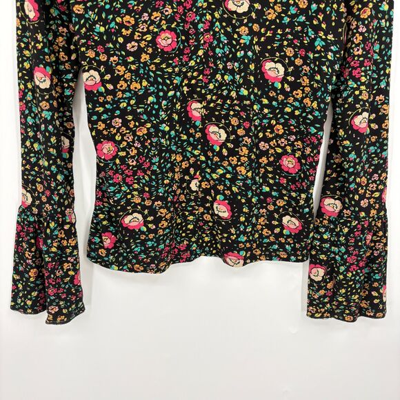 Topshop Floral Bell Sleeve Stretch Knit Boho Top Sz 2, Tie Back Hippie Whimsical - Picture 7 of 10